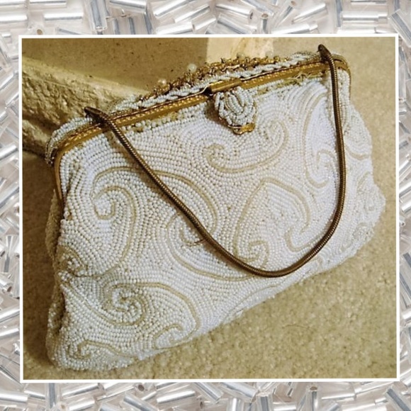 Handbags - Vintage White Beaded Purse Handmade in Paris